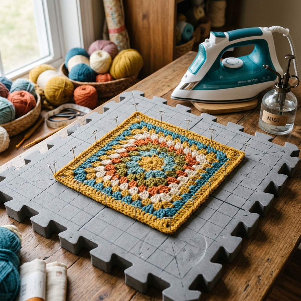 Granny square de ganchillo fijado con alfileres a una alfombrilla de bloqueo