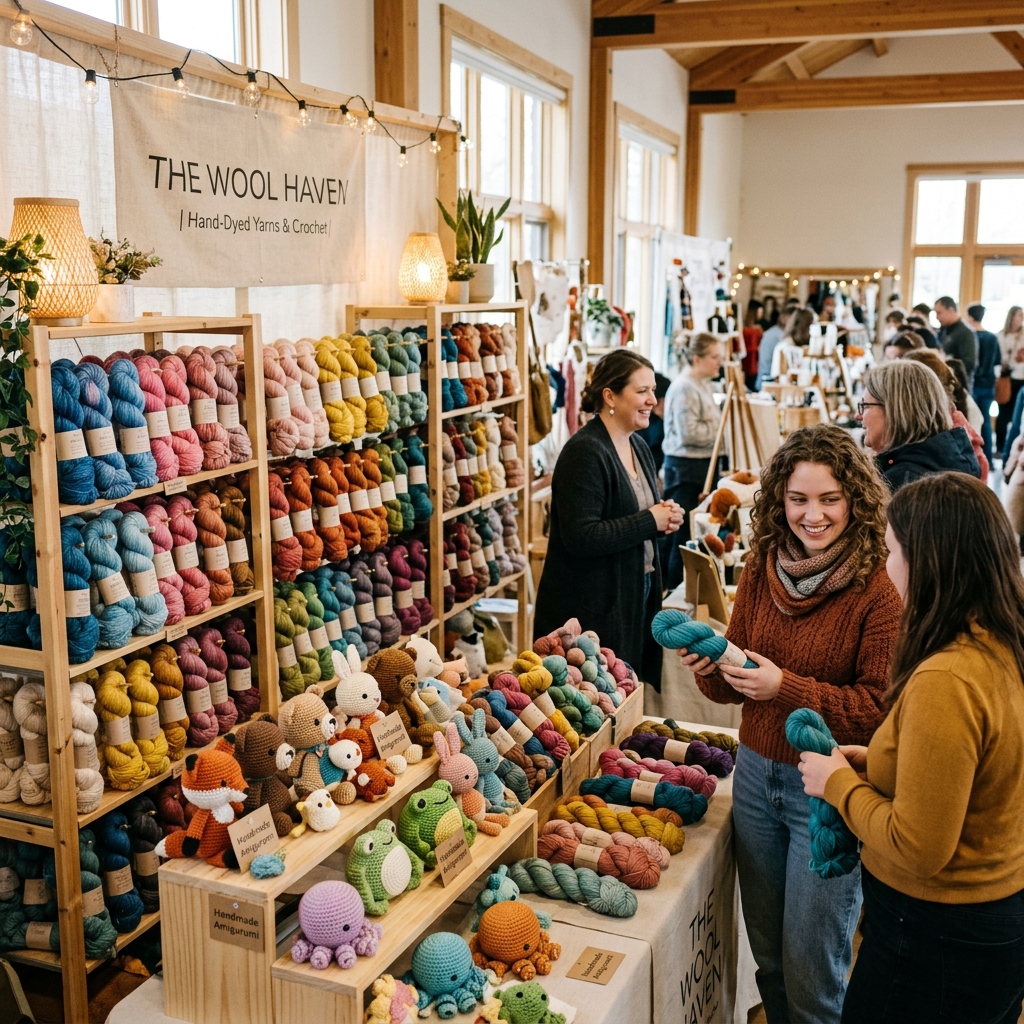 Stand acogedor de hilos y amigurumis en una feria de costura y crochet