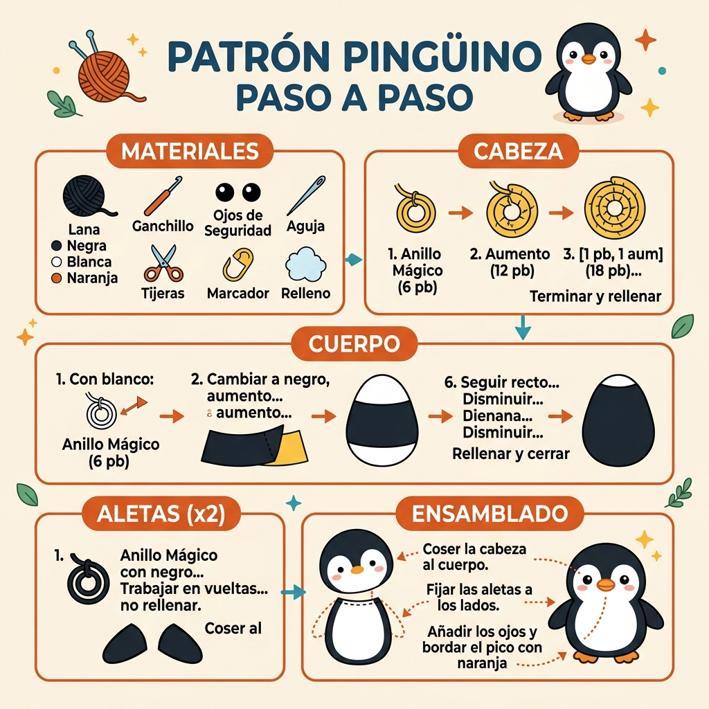 Guía infográfica del Pingüino Amigurumi