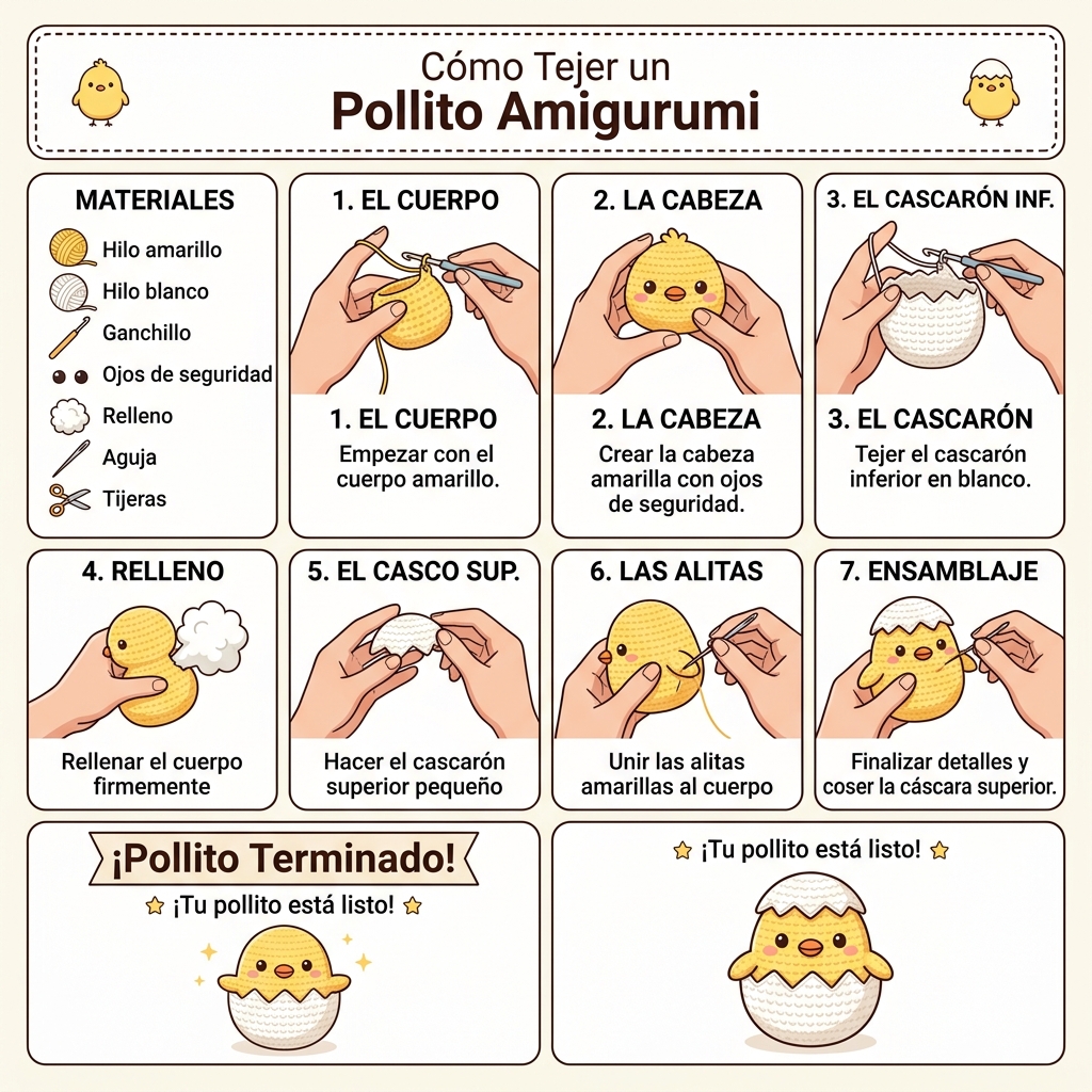 Guía visual paso a paso de Pollito en Cascarón
