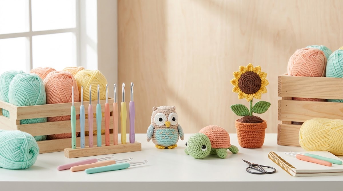 Tavolo da lavoro con amigurumi finiti, filati e kit di uncinetto SusggO