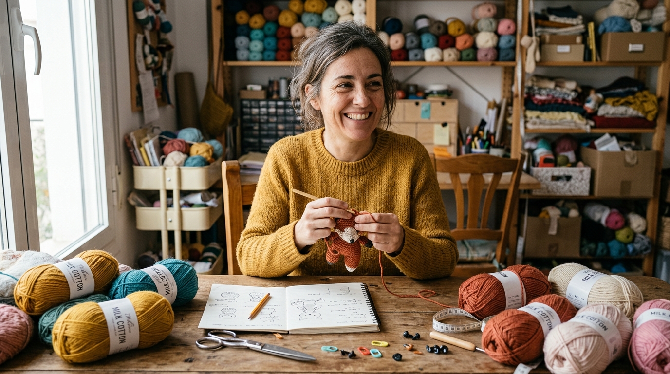 María en la mesa de su taller artesanal tejiendo un amigurumi rodeada de hilados de algodón de leche y materiales de tejido