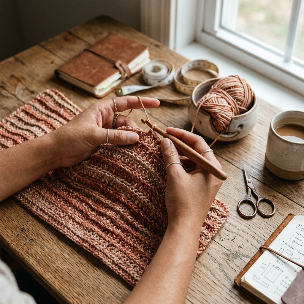 Primer plano de manos tejiendo a crochet en hebra trasera con hilo color teja