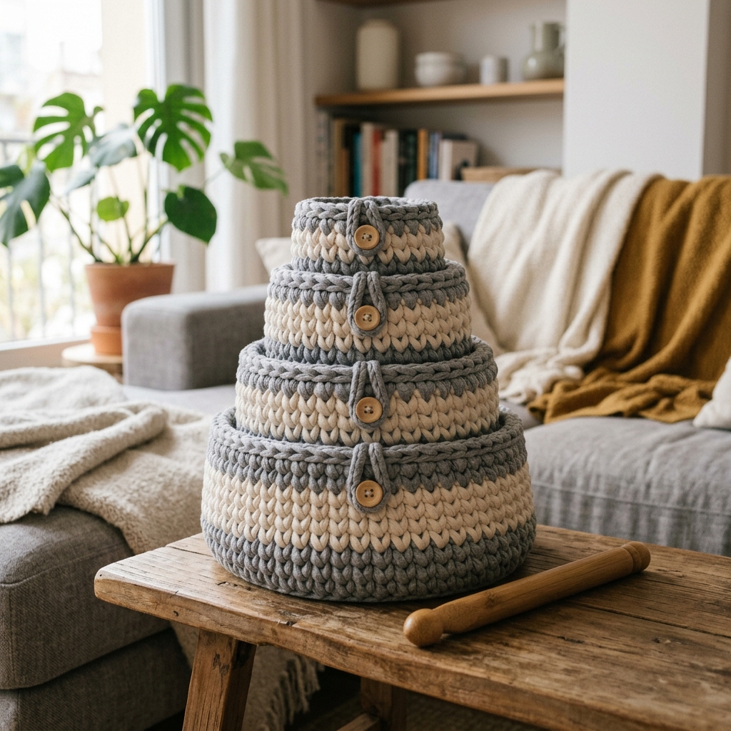 Cestas redondas de trapillo gris y beige apiladas en un salón minimalista